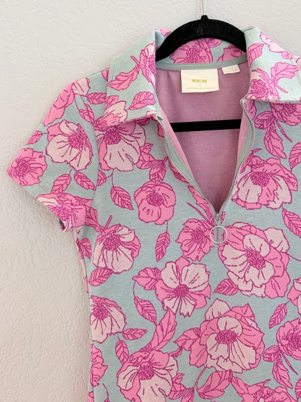 Maeve by Anthropologie Floral Jacquard Zip-Up Polo Top | Pink & Mint | Size S - Picture 5 of 9